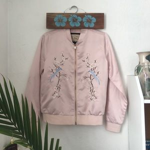 raw pink light embroidered bomber jacket :)